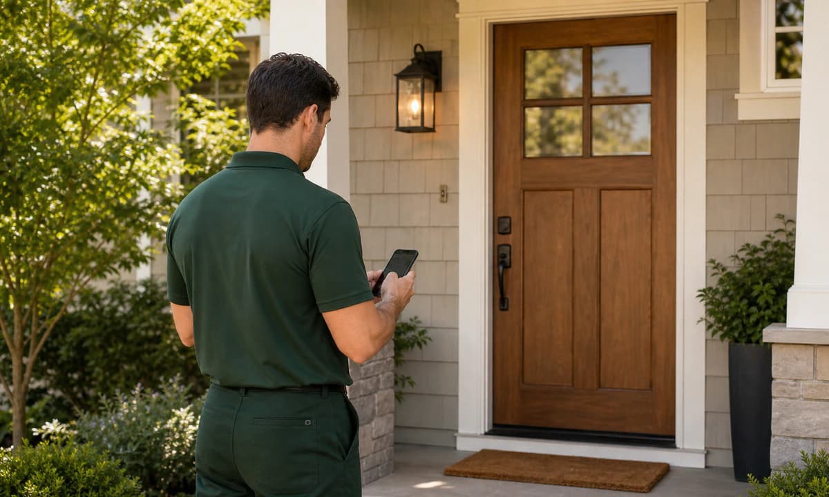 A service technician checking visit details on a phone outside a customer’s front door